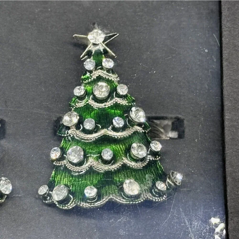 x4 Christian Siriano Christmas Tree Jeweled Napkin Ring Set Rhinestones Holiday